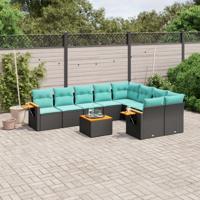 10-delige Loungeset met kussens poly rattan zwart