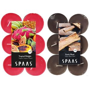 Candles by Spaas geurkaarsen - 24x stuks in 2 geuren Tropical Delight en Exotic wood