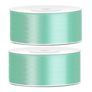 2x Hobby/decoratie mint groene satijnen sierlinten 2,5 cm/25 mm x 25 meter