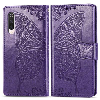 Voor Xiaomi 9 Pro Butterfly Love Flower reliëf horizontale Flip lederen draagtas met beugel Lanyard Card slot portemonnee (donker paars)