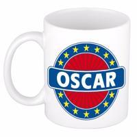 Oscar voornaam koffiemok - beker - wit/blauw - 300 ml - Cadeau - Heren - Collega - Vaderdag