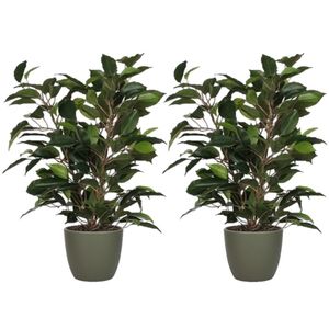 2x stuks groene ficus kunstplant 40 cm met plantenpot dennengroen D13.5 en H12.5 cm