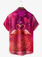 Valentine's Day Flamingo Chest Pocket Short Sleeve Casual Shirt