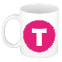 Koffie mok met de letter T - beker - roze - eerste letter van een voornaam - wit - 300 ml