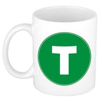 Koffie mok met de letter T - beker - groen - eerste letter van een voornaam - wit - 300 ml