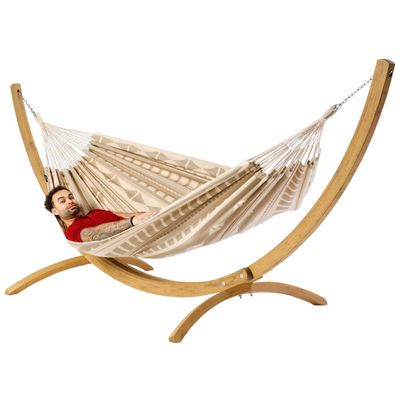 Eenpersoons hangmat met houten standaard - 300x140cm - Bruin - 120kg draagkracht- 100% katoen - binnen & buiten