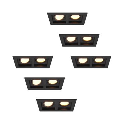 Set van 6 Fresno Dubbele Inbouwspots - Rechthoek - 2x GU10 - 2700K Warm wit - 8 watt 690 lumen - Kantelbaar - IP20 stofdicht - Zwart