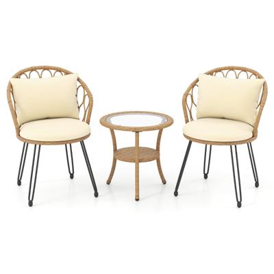 3-Delige PE Rotan Bistroset voor op Het Terras Outdoorset met Kussens en 2-Laags Tafel met Gehard Glas