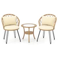 3-Delige PE Rotan Bistroset voor op Het Terras Outdoorset met Kussens en 2-Laags Tafel met Gehard Glas