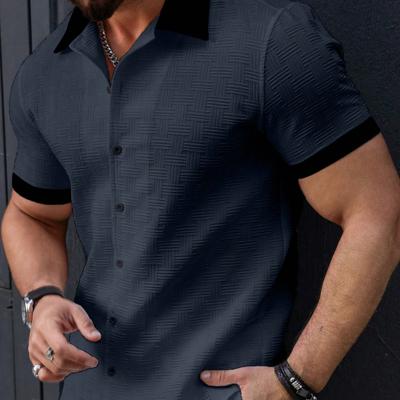 Bon&Bon Homme Men's Contrast Color Patchwork Short Sleeve Shirt Navy Blue-2 / XXL