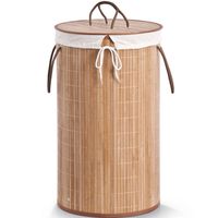 1x Ronde luxe wasgoedmanden van bamboe hout 35 x 60 cm - Wasmanden - thumbnail