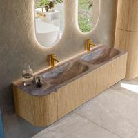 Badmeubel Mondiaz Kurve-Dlux | 165 cm | Meubelkleur Oak | Wastafelkleur Oza | Solid surface | Dubbel / Rechts spoelbak | 2 kraangaten