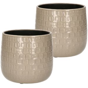 2x Stuks Plantenpotten/bloempotten keramiek taupe relief - D15/H13 cm