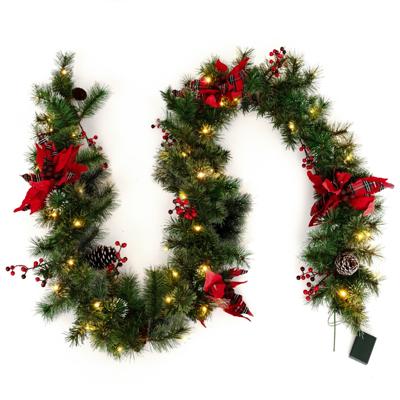 270 cm Kerstslinger met Verlichting 50 Leds Warmwit Kunstmatige Dennenslinger met Dennenappels en Rode Bloemen Binnen en Buiten