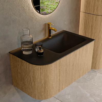 Mondiaz KURVE 85 cm Onderkast Greeploos 1 Lade Met Deuren Oak, Wastafel Solid Surface Rechts Urban 1 Kraangat Zonder Spiegel (KRVCLO85L1L1D1KR-Oak/Urb)