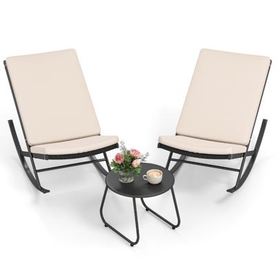 3-delig Schommel Bistro set PE-rattan Stoelen met Metalen Salontafel & Dikke Kussens Tuinmeubel Set