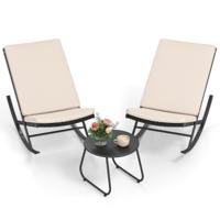 3-delig Schommel Bistro set PE-rattan Stoelen met Metalen Salontafel & Dikke Kussens Tuinmeubel Set