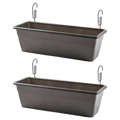 2x stuks reling Plantenbakken antraciet grijs rechthoekig 50 x 17 x 15 cm met kunststof beugels