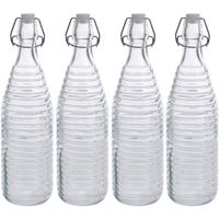 4x Glazen flessen transparant strepen met beugeldop 1000 ml - thumbnail