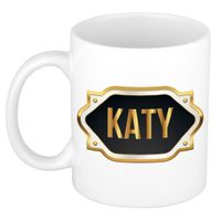 Katy naam / voornaam kado beker / mok met goudkleurig embleem   -