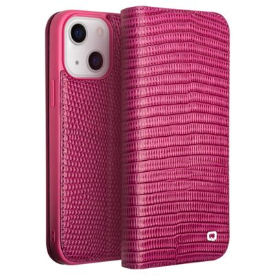 Qialino - iPhone 14 - Leren bookcase hoes - Croco Roze