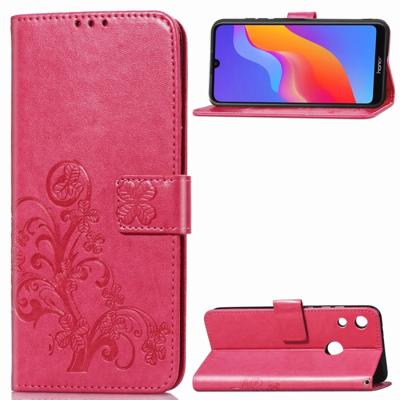 Lucky Clover ingedrukt bloemen patroon lederen case voor Huawei Honor 8A met houder & kaartsleuven & portemonnee & hand strap (Rose rood)