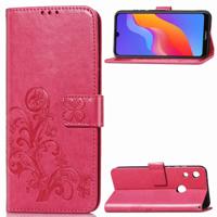 Lucky Clover ingedrukt bloemen patroon lederen case voor Huawei Honor 8A met houder & kaartsleuven & portemonnee & hand strap (Rose rood)