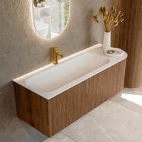 Mondiaz KURVE 125 cm Onderkast Greeploos 1 Lade Met Deuren Walnut, Wastafel Solid Surface Links Talc 1 Kraangat Zonder Spiegel (KRVBGM125R1L1D1KL-Wal/Tal)
