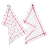 Theedoek Traditioneel - set van 2x stuks - rood/wit- motief - katoen - 70 x 45 cm