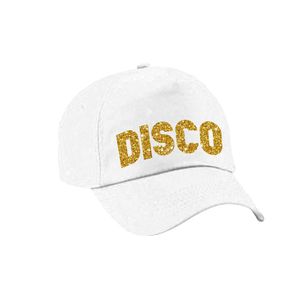 Disco verkleed pet/cap voor volwassenen - goud glitter - unisex - wit