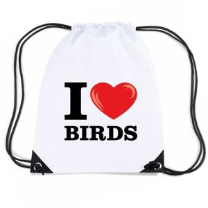 Nylon I love birds/ vogels rugzak wit met rijgkoord