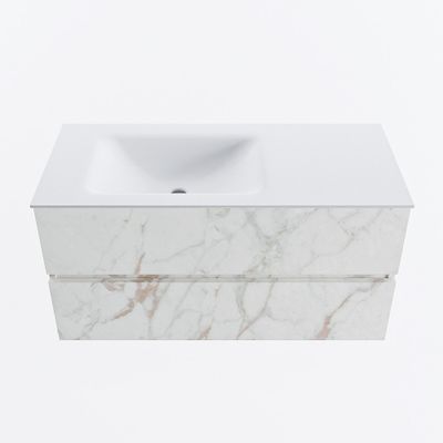 MONDIAZ VICA 100cm badmeubel onderkast Carrara 2 lades. Wastafel CLOUD links zonder kraangat, kleur Talc.