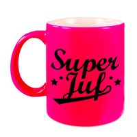 Super juf beker / mok neon roze 330 ml - afscheidscadeau / bedankt cadeau   -