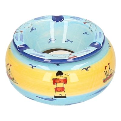Ronde terras asbak/stormasbak maritiem thema - keramiek - 14 x 7 cm