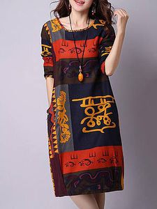 Round Neck Color Block Totem Printed Shift Dress