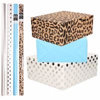 8x Rollen transparante folie/inpakpapier pakket - panterprint/blauw/wit met stippen 200 x 70 cm - Cadeaupapier