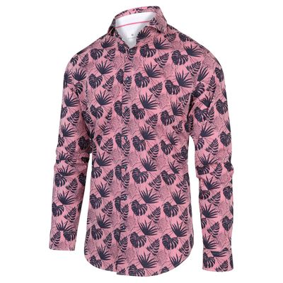 Blue Industry Heren Overhemd Roze Met Palm Print Perfect Fit