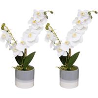 Orchidee bloemen kunstplant in sierlijke grijze bloempot - 2x - witte bloemen - H45 cm