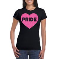 Bellatio Decorations Gay Pride T-shirt voor dames - pride - roze glitter hartje - zwart - LHBTI 2XL  -