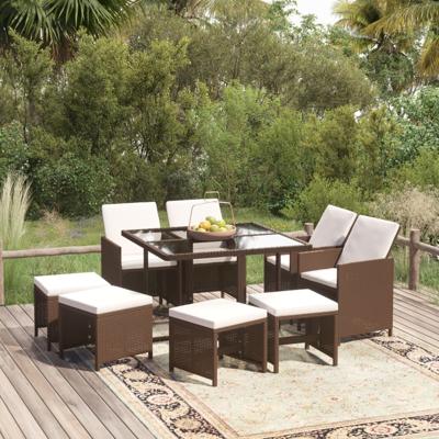 9-delige Tuinset met kussens poly rattan bruin
