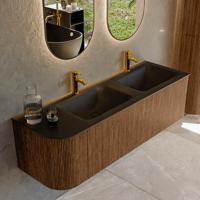 Mondiaz KURVE 145 cm Onderkast Greeploos 1 Lade Met Deuren Walnut, Wastafel Solid Surface Rechts Urban 2 Kraangaten Zonder Spiegel (KRVCLO145L1L1D2KD-Wal/Urb)
