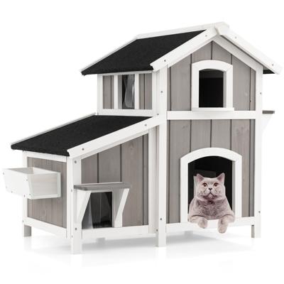 2 Verdiepingen Tellend Houten Kattenhuis voor Buiten met Deuren PVC-Gordijnen Weerbestendig Asfalt Dak Decoratieve Plantenbak