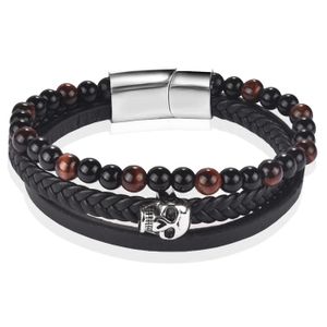 Heren armband Memphis Tijgeroog Skull Gevlochten Leer Zwart Bruin