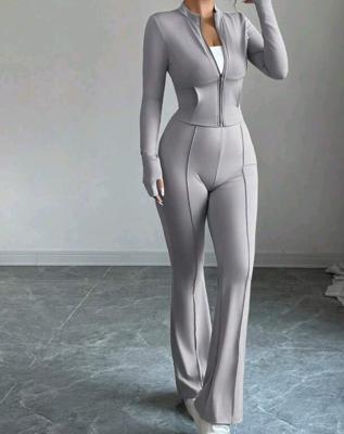 Bon&Bon Women's Zip-Up Cropped Top and Flared Pants 2-Piece Set - Grey L(40/42