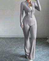 Bon&Bon Women's Zip-Up Cropped Top and Flared Pants 2-Piece Set - Grey L(40/42