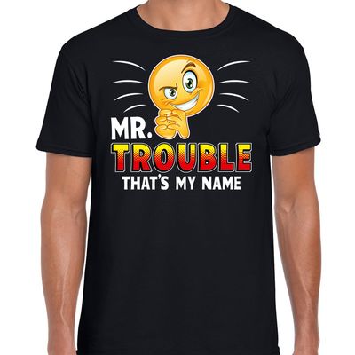 Funny emoticon t-shirt Mr.Trouble that is my name zwart heren