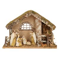 Complete kerststal met 8x st kerststal beelden - 42 x 19 x 30 cm - hout/polyresin - thumbnail