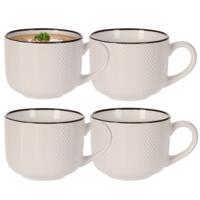 Soepkom Fishbone - 4x - cremewit - 12 x 9 cm - keramiek - kommetjes met oor - 560 ml