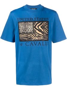 Roberto Cavalli t-shirt à motif drapeau brodé - Bleu