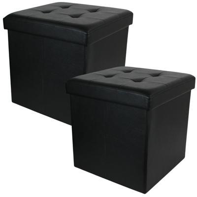 Hocker/poef Essestiel - 2x - opvouwbaar - zwart - opbergen - MDF/polyester - 37 x 37 cm